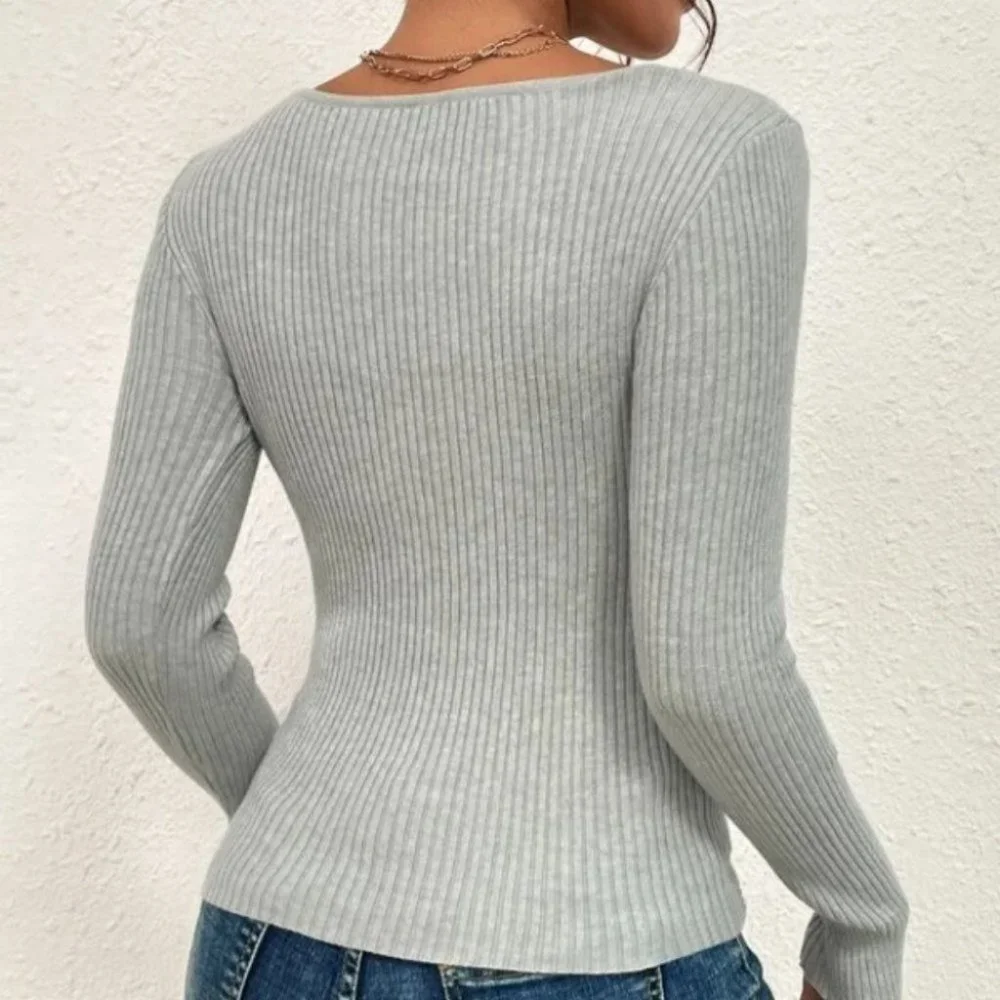 gray Lace Up Detailed Casual Long Sleeve Ribbed Shirt - Picture 3 of 6